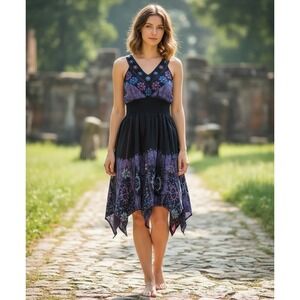 Shoreline Bohemian Sundress, Black / Purple, Embroidered, Rayon, Size Large, NWT
